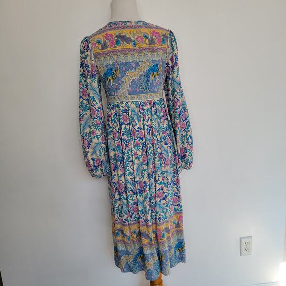 R Vivimos Boho Dress Vintage Print Birds Floral Empire Waist Midi Women Medium - Picture 3 of 11